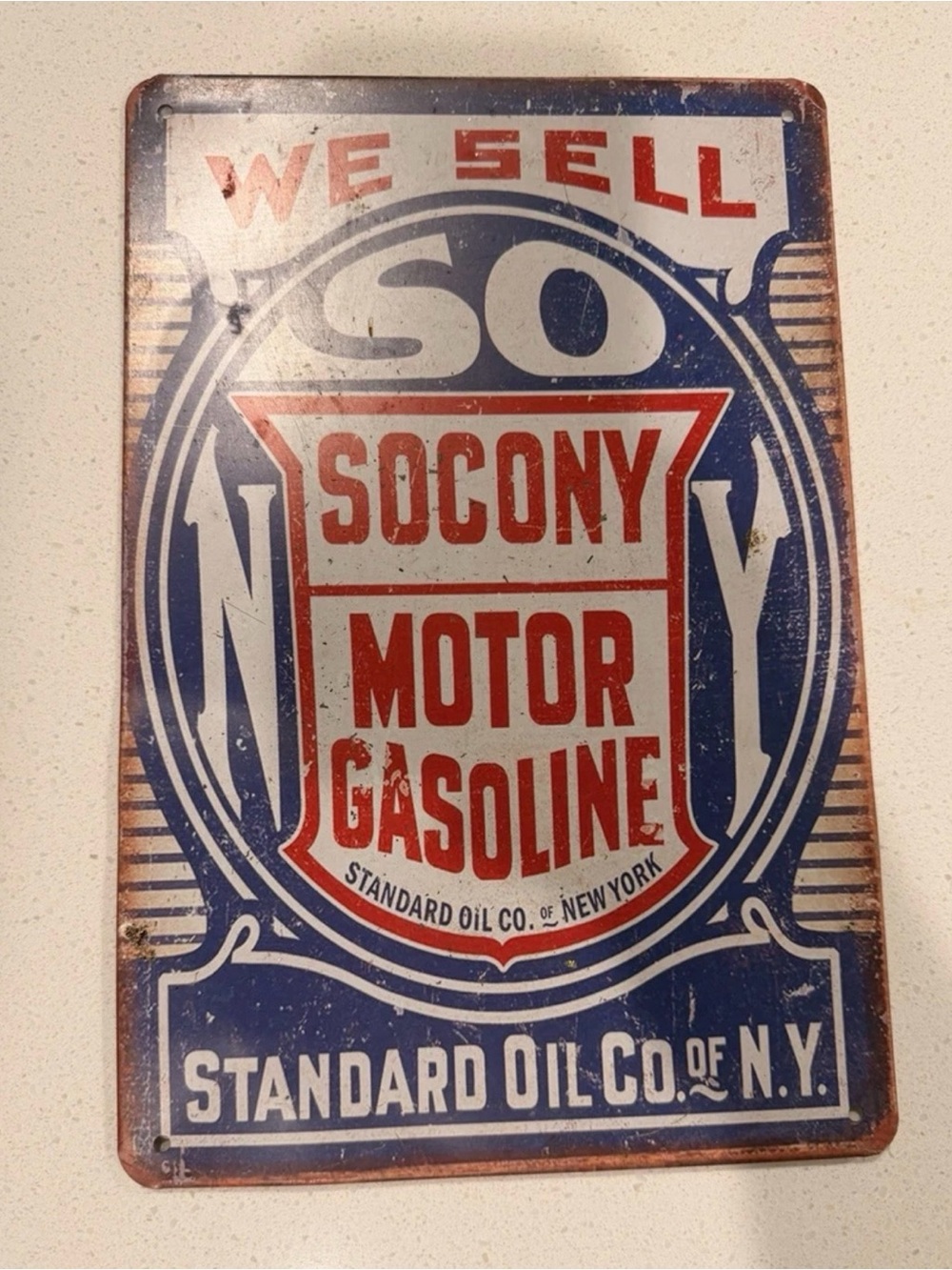 Socony Motor Gasoline Vintage-Style Blue & Red Sign - Standard Oil Co. of N.Y.